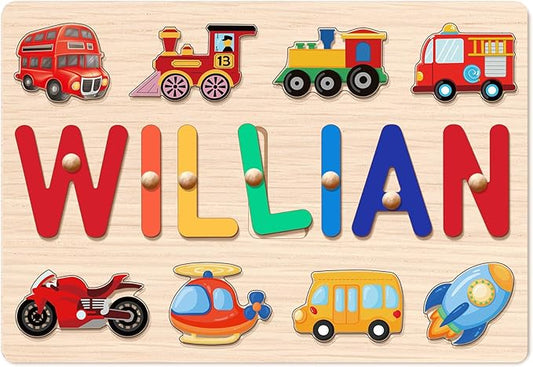 Personalized Name Puzzle for Kids, Custom Wooden Name Puzzle for Toddlers 1-3, Personalized Baby 1st Birthday Gifts, Alphabet Puzzle Engraved Text On Back with Pegs, Easter Basket Stuffers