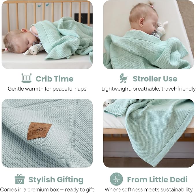 100% Organic Cotton Baby Knitted Blanket with Gift Box - Soft Toddler, Crib, Stroller Blanket - Neutral Swaddle and Receiving Blanket for Newborns, 30"x40", Sage