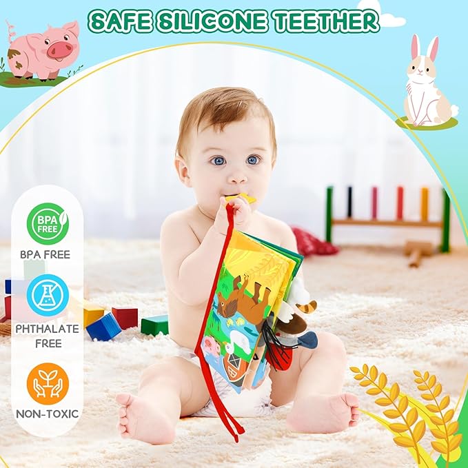 Soft Baby Book - Baby Toy - Newborn Boys Girls Shower Gift - Tummy Time Toy for Infant 0-6 6-12 Months - Touch and Feel Sensory Crinkle Book with Teether for Toddler
