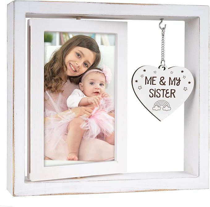 Me and My Sister Picture Frame,Baby Gifts for Girls,Big Sister Gifts for Girls,Room Decor Vintage Style,Baby Gender Neutral Rotating Photo Frame 4x6