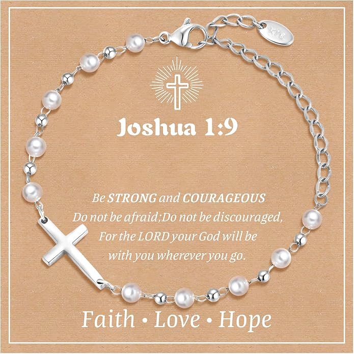 Baby Baptism Cross Bracelet Gift : 18k Gold Plated/Silver Delicate Pearl Cross Bracelets Kids Daughter Granddaughter Birthday First Communion Confirmation Gifts Christian Jewelry for Boys Girls