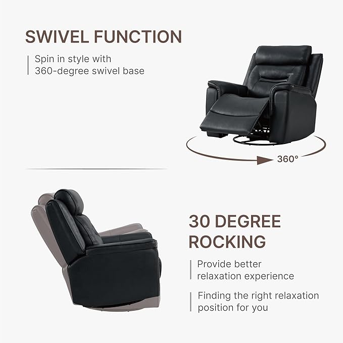 Leather Recliner Chair, 360° Swivel Rocker for Adults Manual Rocking Reclining Chair with Adjustable Backrest Footrest for Living Room Bedroom Home Theater Seating