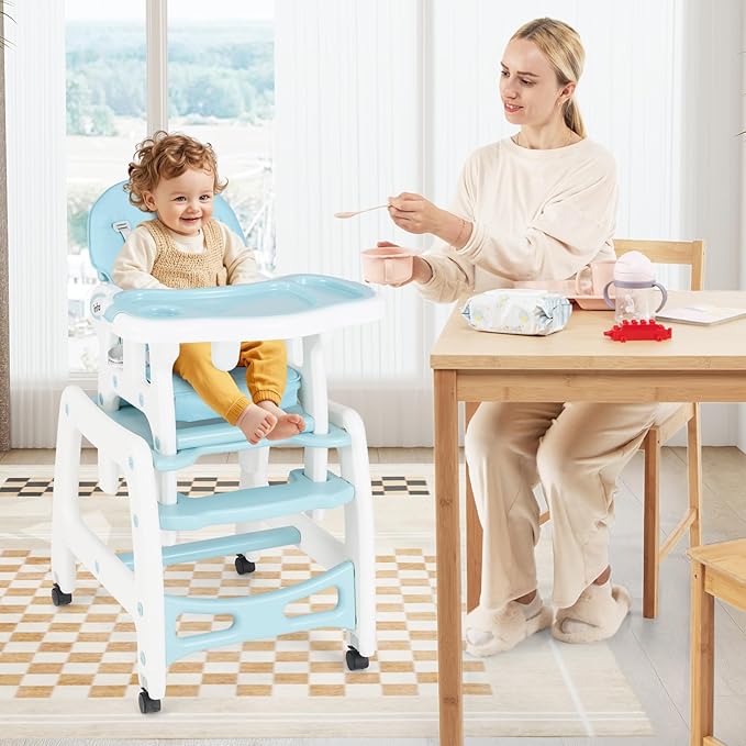 INFANS 5 in 1 Baby High Chair, Convertible Toddler Table Chair Set, Rocking Chair, Multi-Function Seat with Lockable Universal Wheels, Adjustable Seat Back, Removable Trays (Blue)