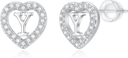 Initial Heart Earrings for Girls, Sterling Silver Post Silver/Rose Gold Heart Initial Stud Earrings for Little Girls Kids Baby Earrings Non Tarnish Hypoallergenic Earrings for Teen Girls Gifts Jewelry