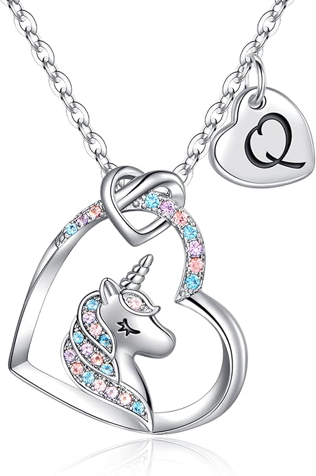 Hidepoo Unicorn Necklace Gifts for Girls Daughter - Colorful CZ Heart Pendant Initial Unicorn Necklaces for Girl Teens Little Girls Jewelry Birthday Gift