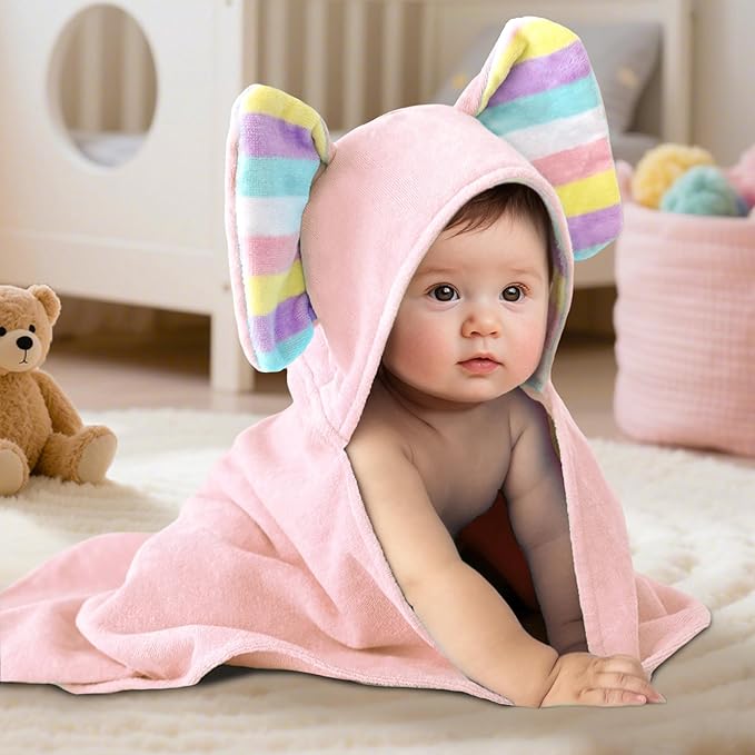 VOOVA & MOVAS Baby Hooded Bath Towel - 100% Cotton, 33x23.5 Inches,0-3Years,Super Absorbent Large Towel with Cute Elephant Ears Hood for Newborn, Baby, Toddler,Pink