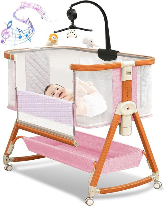 3 in 1 Bassinet,Baby Bassinets Bedside Sleeper with Musical Toy,Adjustable Height Bedside Bassinet for Baby with Wheels and Storage Basket,4-Sided Mesh Bedside Crib for Newborn 0-6 Months (Pink)