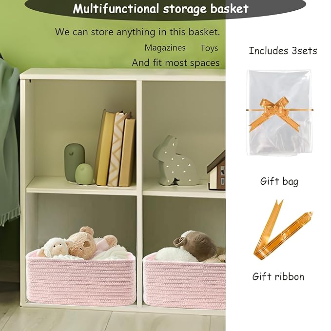 COMFY-HOMI 13" x 8.5" x 5.1"Storage Baskets for Organizing | Cotton Rope Woven Basket | Toy Storage Bin Box | Basket for Shelves, Closet Organizer Bin, Decorative Closet Shelf, 3 Pack, All pink