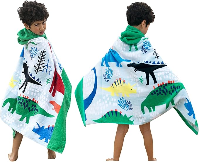 BANGSAUR Kids Hooded Bath Beach Towel, 100% Cotton 50"x30" Wrap, Toddlers Girls Boys 3-12 Years Coverup(Dinosaurs)