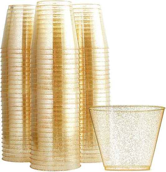 WDF 200pcs 9OZ Gold Cups,Disposable Premium Wedding Gold Glitter Plastic Cups for Thanksgiving Party