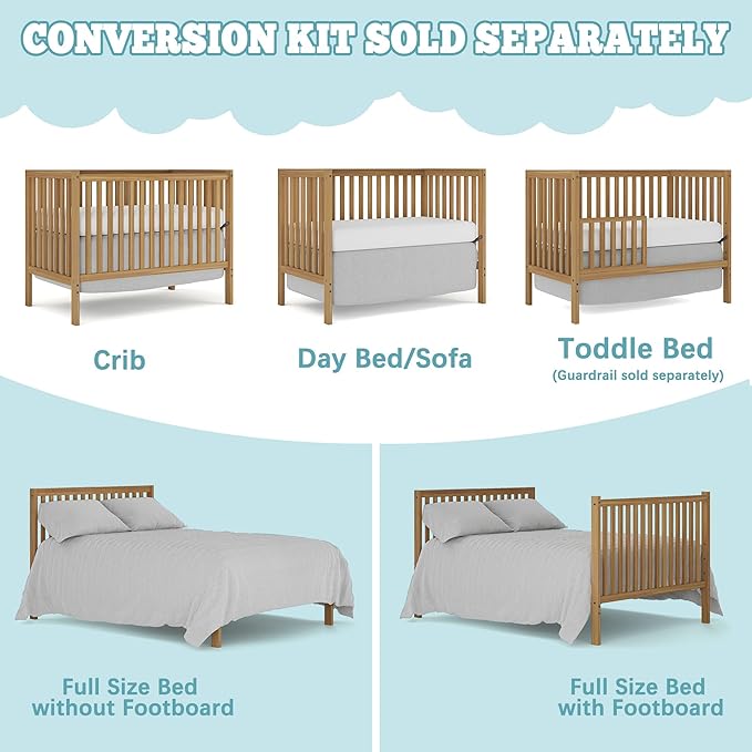Baby Crib 5-in-1 Convertible, Wood Full Size Toddler Bed for Small Baby, Made of Sustainable Natural Pinewood Cribs, Non-Toxic Finish, Simplistic Nursery Furniture (Natural)