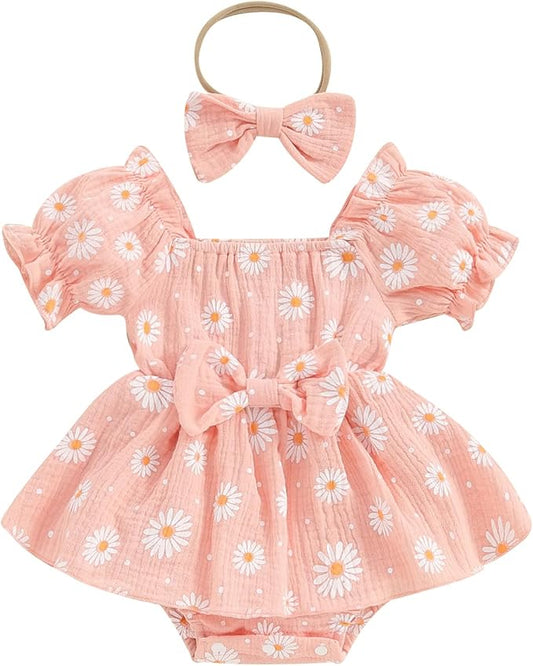 Baby Girls Floral Cotton Leotard Romper Newborn Daisy Playsuits Ruffled Sleeve Onesie Infant Jumpsuit Clothes Headband