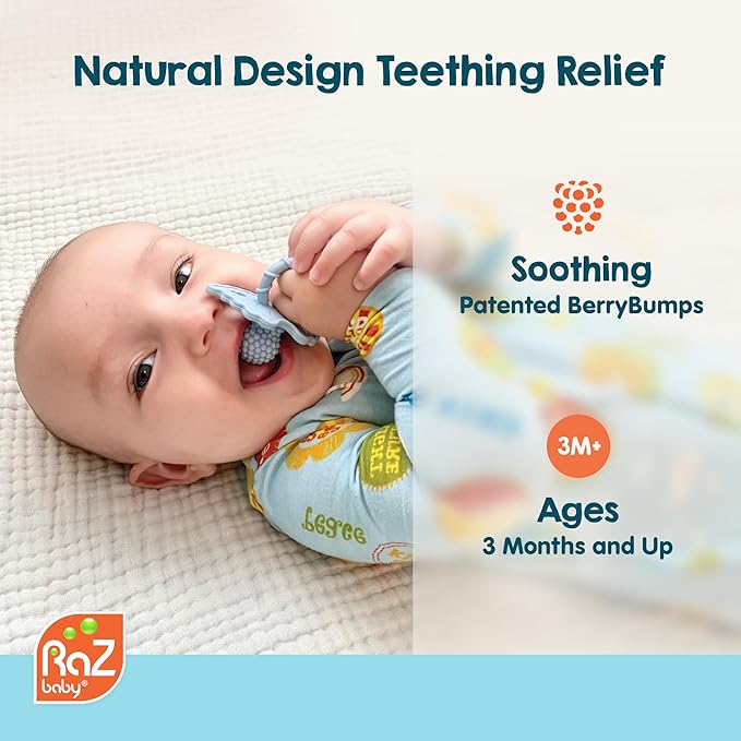 RaZbaby Cow RaZbuddy w/RaZberry Teething Relief Pacifier – Soothes Sore Gums w/Nature-Inspired Texture, 100% BPA-Free Silicone Teether, Detachable Stuffed Animal – 3 Months+ Teether, Grey