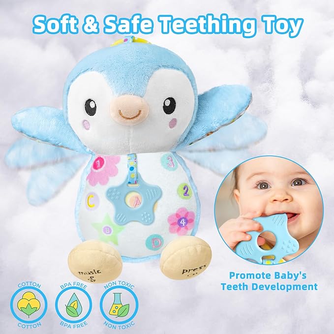 Baby Toys 0-6 Months,Musical Plush Stuffed Animal with Rattles & Crinkle Paper,Hanging Ring for Sensory Play,Tummy Time Toys for 0-12 Months Girls, Baby Girl Gift (Blue)