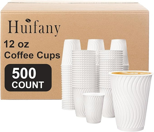 12 oz Disposable Coffee Cups 500 Count Value Pack, Hot Coffee Cups for Hot/Cold Drinks, Insulated Paper Coffee Cup for Party, Office, Home, Travel
