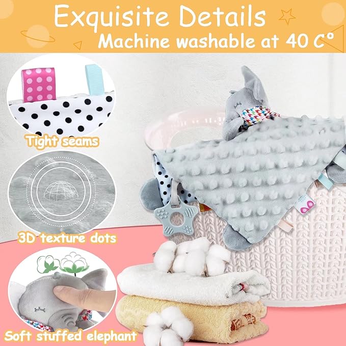 Baby Security Blanket with Tags Teether Elephant Blanket Soft Baby Blankets for Boys and Girls Baby Stuff for Newborn Toys Snuggle Toy Baby Lovey Dotted Blanket Elephant Soothing Toy