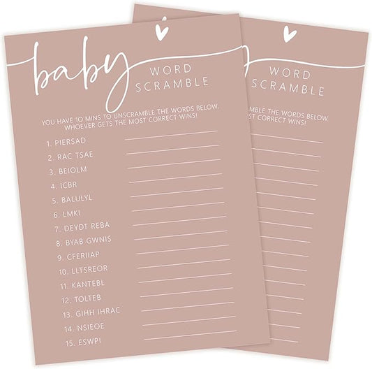 Baby Shower Games - Pink Baby Word Scramble + 1 Answer Card, 30 Sets Gender Reveal Party Decorations - F07