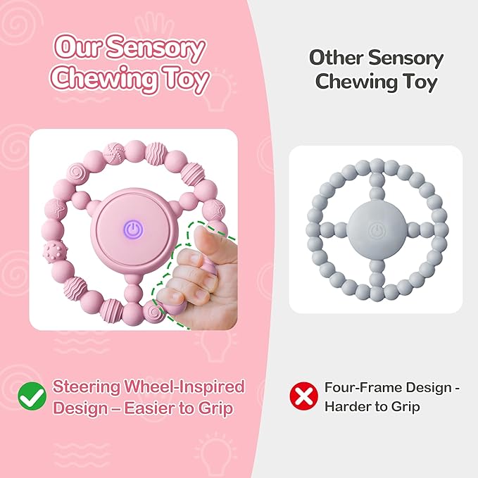 Vibrating Teething Toy with 3D Multi-Texture, Food-Grade Silicone Sensory Chew Toy for Autism Kids and Baby 3-18 Months, Baby Teething Ring for Teething Relief, Light Pink