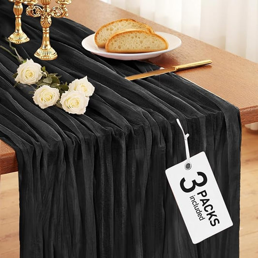 Pureegg 3-Pack Cheese Cloths Table Runner, 120'' Boho Table Cloth Decorations for Party, Baby Shower, Wedding and Farmhouse, Fabric Room Decor, Black