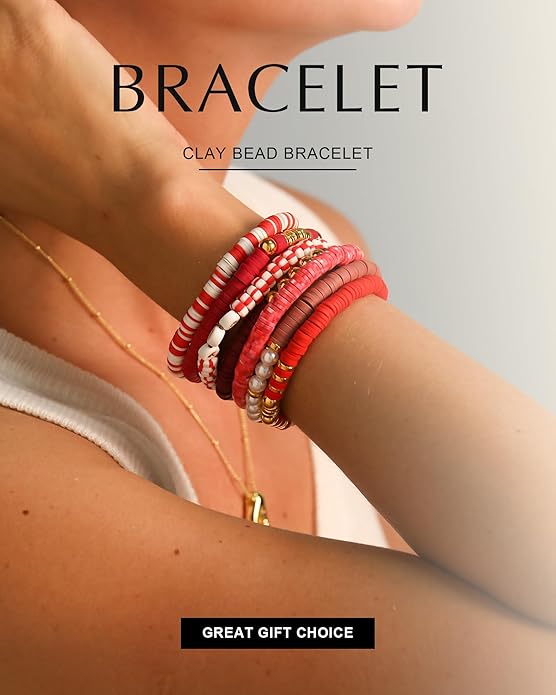 Friendship Bracelets Trendy Heishi Clay Bead Bracelets Stack Gold Beaded Stretch Bracelets for Women Boho Stackable Bracelets Bulk Cute Preppy Jewelry