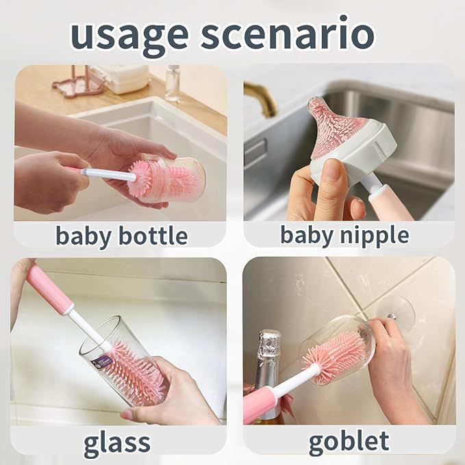 Bottle Cleaning Brush Set, Long Handle Silicone Brush, Detachable Cotton & Nylon Cup Scrubber, Straw Brushes for Baby Bottle, Sippy Cup, Glass Bottle, Tumbler, Tube, Nipple & More
