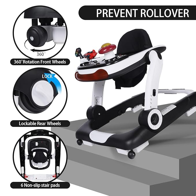 Kinder King Baby Walker with Music & Lights, 5 in 1 Baby Bouncer Activity Walker, Adjustable Height & Seat, Learning-Seated & Toddler Walk-Behind, Safety Bumper, Infant Walker Anti-Rollover, Black