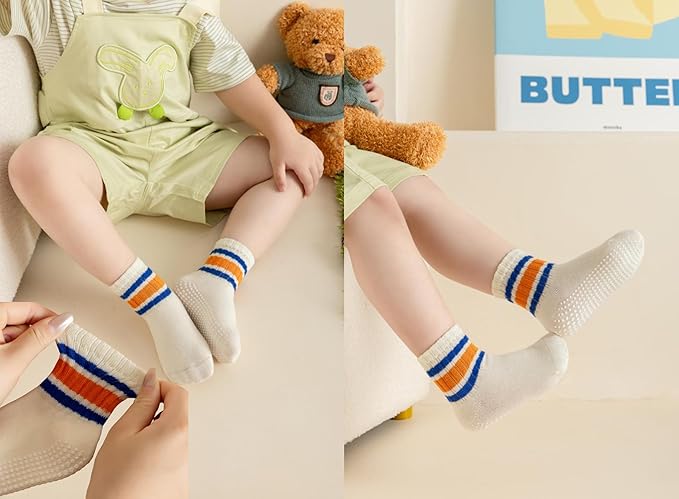 Toddler Grip Socks with Non-Slip, Unisex Baby Retro Stripe Seamless Crew Ankle Cotton Socks for Girls Boys 6 Pairs