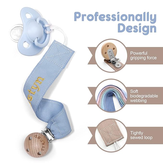 TYRY.HU Personalized Pacifier Clip with Name, Embroidery Ribbon Pacifier Holder for Baby Girls and Boys, Neutral Pacifier Leash Universally Fit All Pacifiers & Baby Toys, 2 Pack Baby Gift(Khaki, Blue)