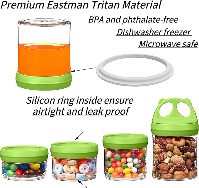 SELEWARE Portable Stackable Food Storage Containers for Snacks Formula Powder and Drinks Twist Lock System Airtight Leak-proof BPA and Phthalate Free 4 Piece Jars 31oz Green