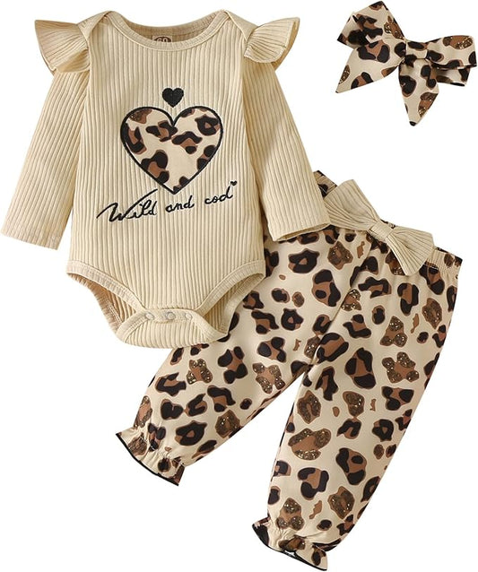 Fullfamous Baby Girl's 3pc Rib Frill Long Sleeve Romper and Pant Set