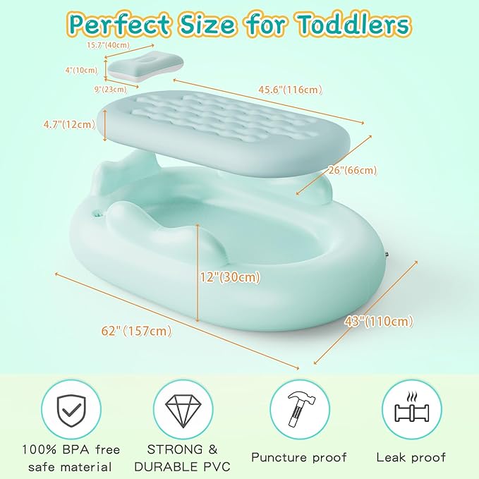 Inflatable Toddler Travel Bed - Blow Up Mattress for Kids with Waterproof Sheet Protector Portable Toddler Bed Baby Air Mattress with 3 Sides, Cozy Kids Air Mattress Set with High-Speed Pump