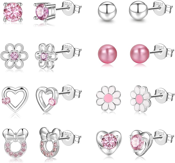 6 Pairs Huggie Hoop Earrings 925 Sterling Silver Stud Sets Cute Heart Hoops Tiny Cubic Zirconia Flower Stud Small Hypoallergenic Cartilage Sleeper Earrings