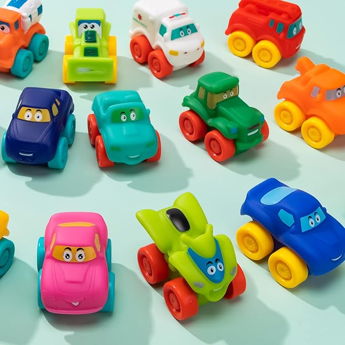 JOYIN Cartoon Cars, Soft Rubber Toy Car Set, Mini Vehicles, Bath Toy Car for Toddlers, Gift for Boys and Girls Easter Basket Stuffers, Summer Beach and Pool Activity, Party Favors for Kids