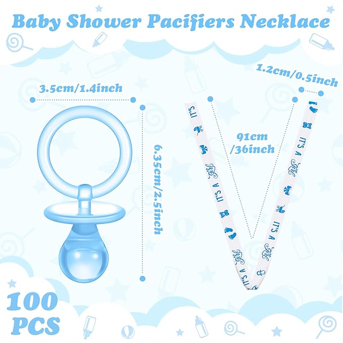 Chengu 100 Pcs Baby Shower Pacifiers Necklace, Acrylic Pacifiers Necklace Charm for Gender Reveal Party Decorations(Blue)