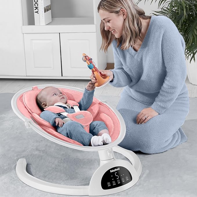 BabyBond Baby Swings for Infants, Bluetooth Infant Swing with Music Speaker, 3 Seat Positions, 5 Point Harness Belt, 5 Speeds and Remote Control - Portable Baby Swing for Indoor and Outdoor (Pink)