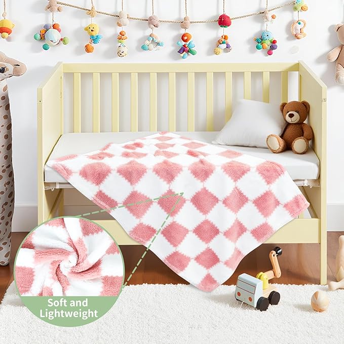Checkered Baby Blanket for Girls, 2 Pack Soft Baby Girl Blankets, Small 28 x 40 inches Toddler Fleece Blanket, Essentials Crib Stroller Items, Newborn Gift (Pink)