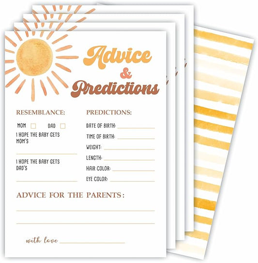 Prediction & Advice Game Set For Baby Shower - Watercolor Sunshine - 30 Double-Sided Fill In Style Game Cards For Gender Reveal, Baby Announcement, Party Favor & Supplies - B01