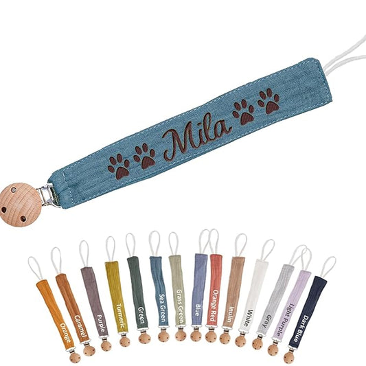 Custom Boho Pacifier Clip Holder with Embroidered Name – A Perfect Personalized Baby Baptism Gifts in Eco-Friendly Bamboo! (Sea Green)