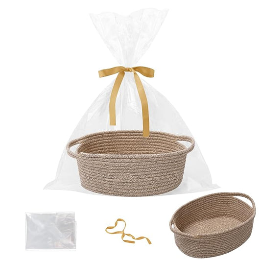Gift Basket with Gift Bag and Ribbons,Small Rope Woven Shelf Storage,Baskets for Gifts Empty,Birthday,Shower,Decorative Organizer Box for Cat Dog Pet with Handles(Mixed Brown)