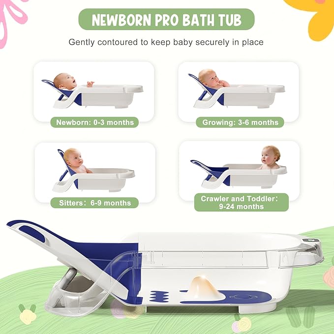Reclining Baby Bathtub for Newborn, Angle Adjustable Baby Tub for Infant to Toddler, Bath Support in Tub, Thermometer & Bath Kneeler Rest Pad & Clean Rinse Cup, 6-36 Months-Blue