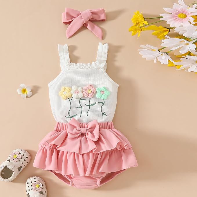 Kaipiclos Cherry Baby Outfit Newborn Infant Girl Clothes Rib Knit Romper & Shorts Waffled Baby Clothes for Girls 0 3 6 12 18M