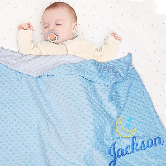 Personalized Baby Blanket with Embroidered Name, Custom Blanket for Girls Boys, Personalized Christmas Birthday for Girls Boys Newborn Essentials (Blue-White)