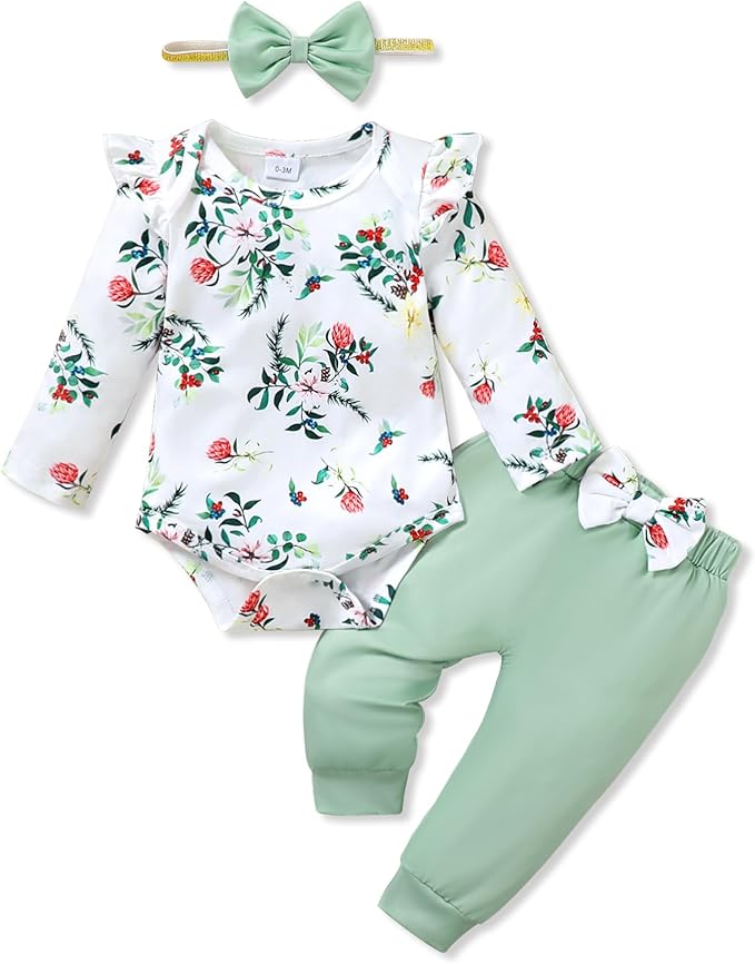 YALLET Baby Girl Clothes Newborn Infant Girl Outfits Floral Romper+Pants+Headband Fall Baby Layettes for Clothing 0-18 Months