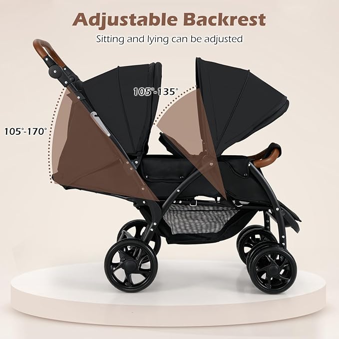 INFANS Double Stroller, Foldable Baby Tandem Stroller with Djustable Backrest Canopy Footrest, 5-Point Harness, Storage Basket, Convertible Compact Twin Stroller for Infants and Toddlers