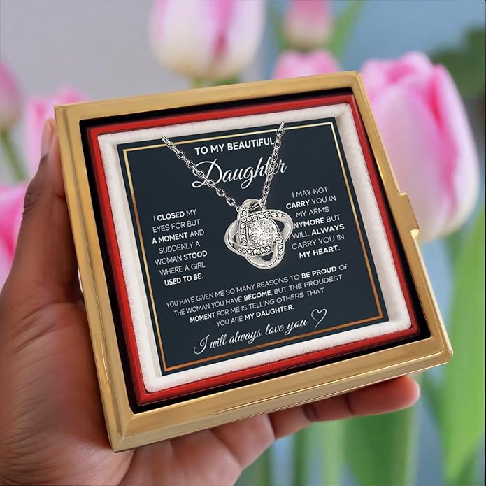 To My Beautiful Daughter Necklace from Mom & Dad | Cubic Zirconia Pendant with Heartfelt Message Card & Gift Box | Daughter Birthday, Graduation, Christmas Jewelry Gift from Parents