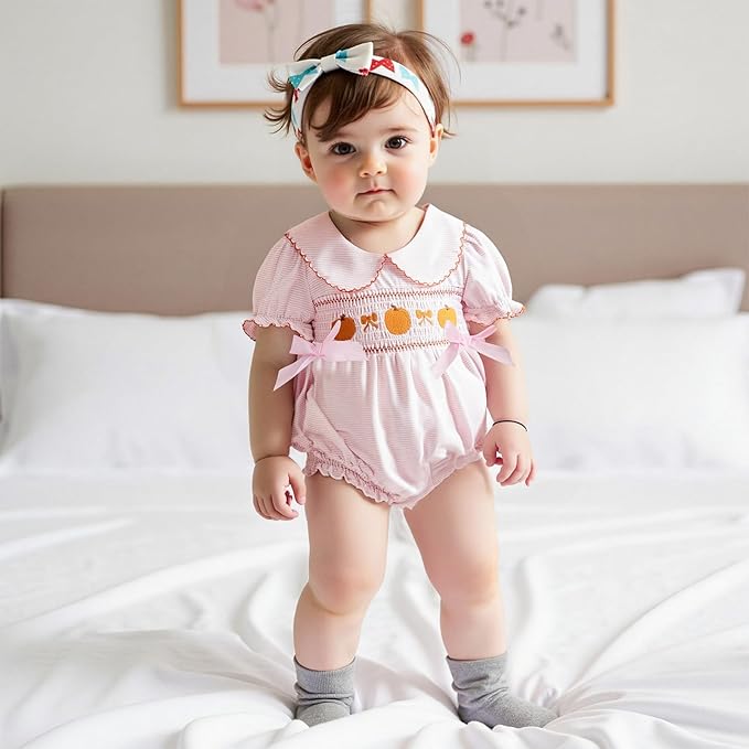 Baby Girl Halloween Outfit Newborn Pumpkin Romper Short Sleeve Onesie Infant Jumpsuit Smocked Baby Girl Clothes