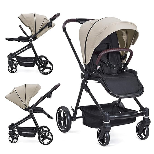Baby Stroller, High Landscape Pushchair with Reversible Seat, One-Hand Fold and Cup Holder, 4 Modes Convertible Toddler Stroller with Storage Basket, Adjustable Footrest and Canopy, Beige