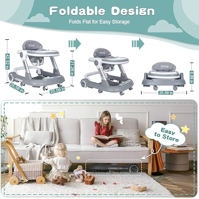 Baby Walker with Wheels 4 in 1 Foldable Activity Center with Mute Wheels Adjustable Heights Anti-Fall Activity Center for Boys Girls Safe Infant Toddler Walker with Footrest for 6-24 Months