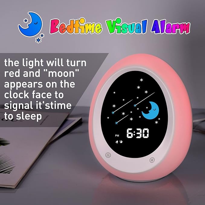Kids Alarm Clock, Toddler Sleep Training Clock with Sun & Moon, Sound Machine, Night Light, Ok to Wake Alarm Clock for Children
