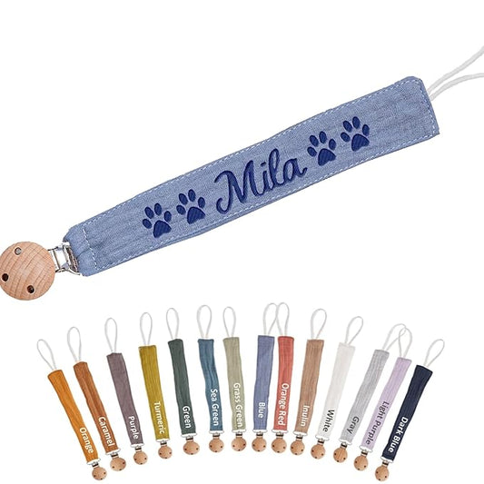 Custom Boho Pacifier Clip Holder with Embroidered Name – A Perfect Personalized Baby Baptism Gifts in Eco-Friendly Bamboo! (Blue)
